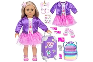 EBUDDY 18 Inch Doll Clothes and Accessories School Supplies Playset Accesscories Doll Travel Suitcase Set Including Coat,Dress,Suitcase,Hairpin,Hair Ring,Stickers,Shoes (No Doll)