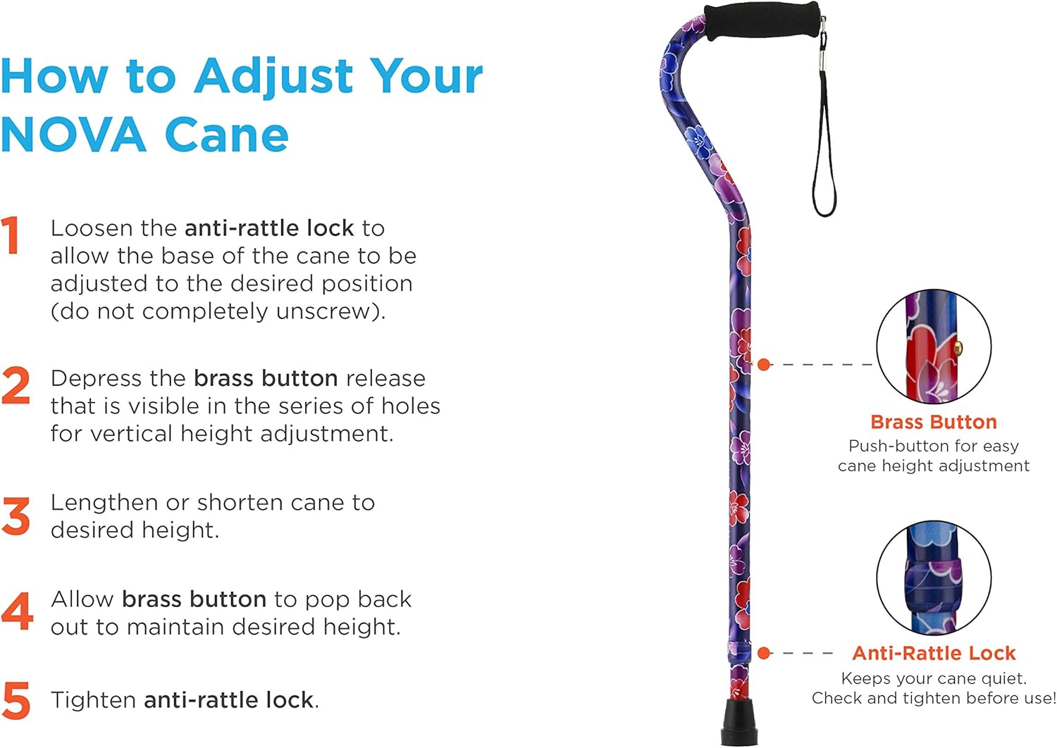 NOVA Designer Walking Cane with Offset Handle, Lightweight Adjustable Walking Stick with Carrying Strap, “Maui Flowers” Design: Health & Personal Care
