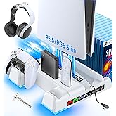 PS5/Slim Stand and Cooling Station with LED Controller Charging Station for PS 5 Console, Controller Charger, Cooling Stand, PS5/Slim Accessories Kit with 3 Level Cooler Fan
