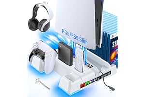 GERSKER PS5/Slim Stand and Cooling Station with LED Controller Charging Station for PS 5 Console, Controller Charger, Cooling Stand, PS5/Slim Accessories Kit with 3 Level Cooler Fan