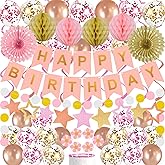 65Pcs Birthday Decorations Happy Birthday Banner Pink Rose Gold Balloons Honeycomb Ball Paper Fans Dots Garland Hanging Swirls Birthday Party Decor for Girls Women Princess