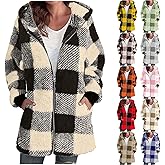 Yxbdin Womens Fleece Plaid Coat Zip up Sherpa Hoodies Jacket with Pockets Long Fuzzy Coats Lightweight Fluffy Fall Outwear