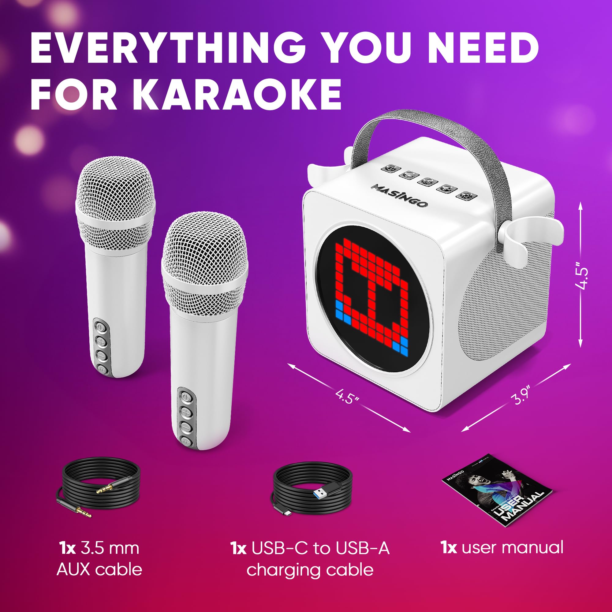 MASINGO Portable Mini Karaoke Machine for Kids and Adults with Dual Wireless Bluetooth Microphones, Animated LED Display, USB/Aux/MicroSD, Voice Effects, Fun Karaoke Toy for Girls and Boys, Animato S1