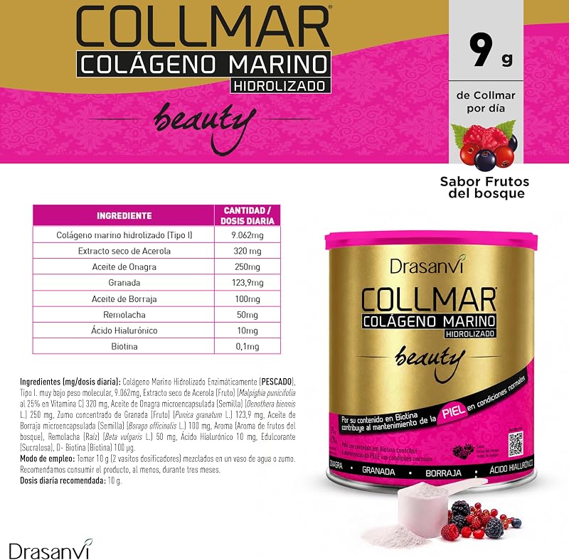 COLLMAR BEAUTY COLAGENO MARINO PARA LA PIEL, Colageno Hidrolizado con Vitamina C Natural, Biotina y Acido Hialuronico, Piel Bonita e Hidratada, Sabor Frutos del Bosque, 275 GR