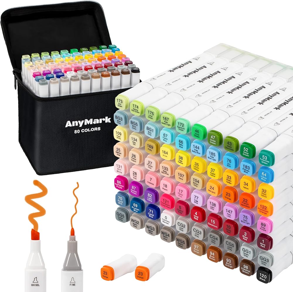 AnyMark Alcohol Markers, 80 Colors Alcohol Markers Set, Dual Tips Alcohol-Based Art Markers for Adult Drawing Coloring Sketch