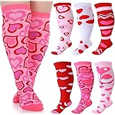 Berlune 6 Pairs Valentine's Day Plus Size Socks for Women Red and Pink Wide Calf Knee High Socks Valentines Love Heart Holiday Gifts for Girlfriends Mom BFFs