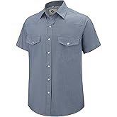Pearl snap Men's Denim Shirts Short Sleeve Western Cowboy Button up Solid Work Cotton Shirts