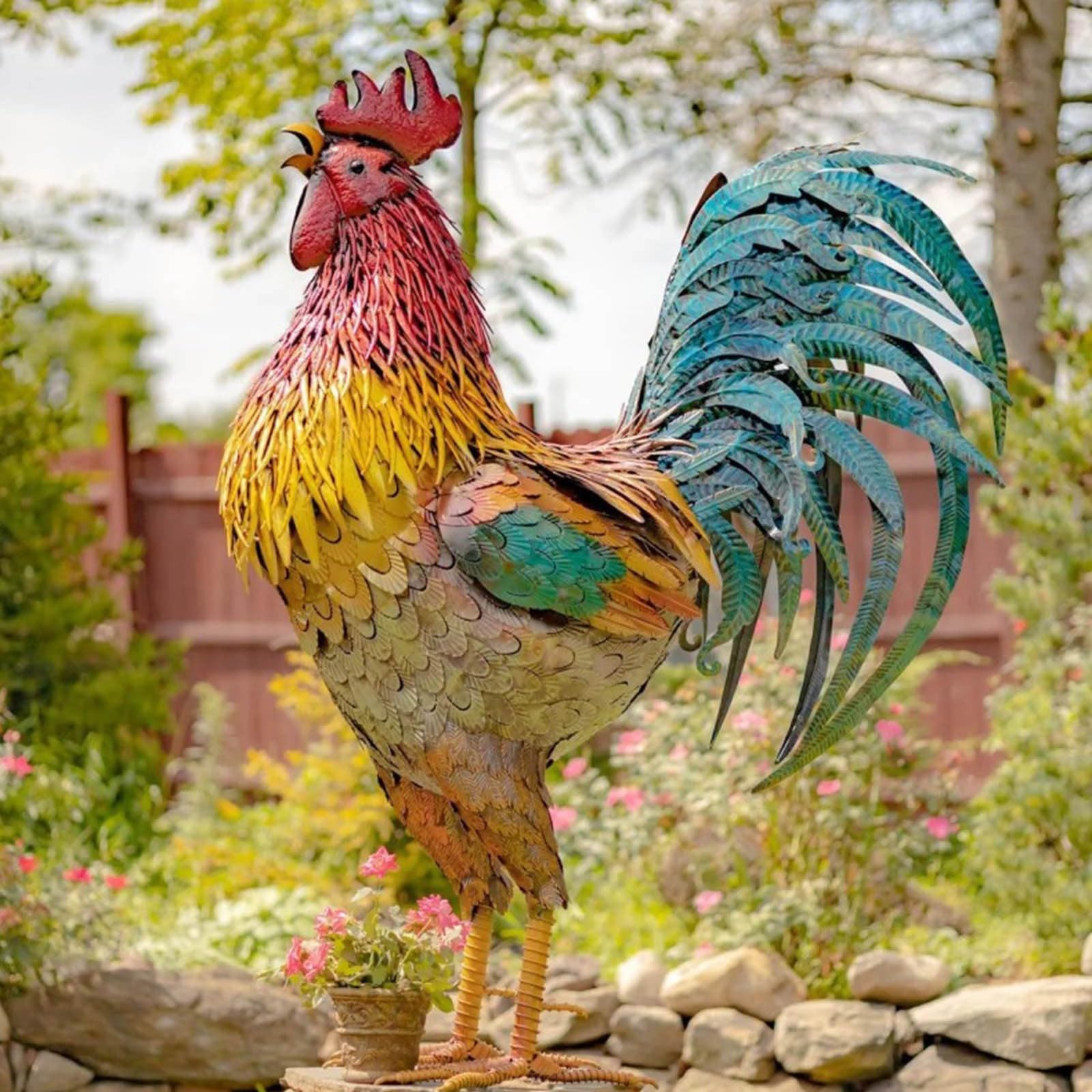 21” Tall Indoor/Outdoor Tropical Metal Rooster Yard Statue Decoration,Chicken Decorations, Metal Chicken Sculpture for Backyard Patio Kitchen Decor & Lawn Ornaments (2025)