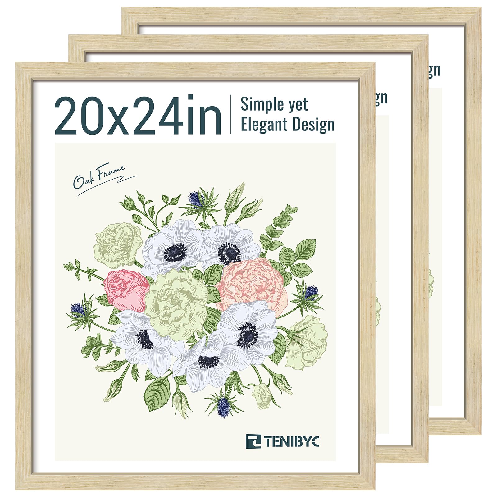 TENIBYC 20x24 Picture Frames Set - 3 Pack - Natural Oak Wood - Display Wall Posters, Gallery Displays, Large Photos & Puzzles - Wall Decor Image