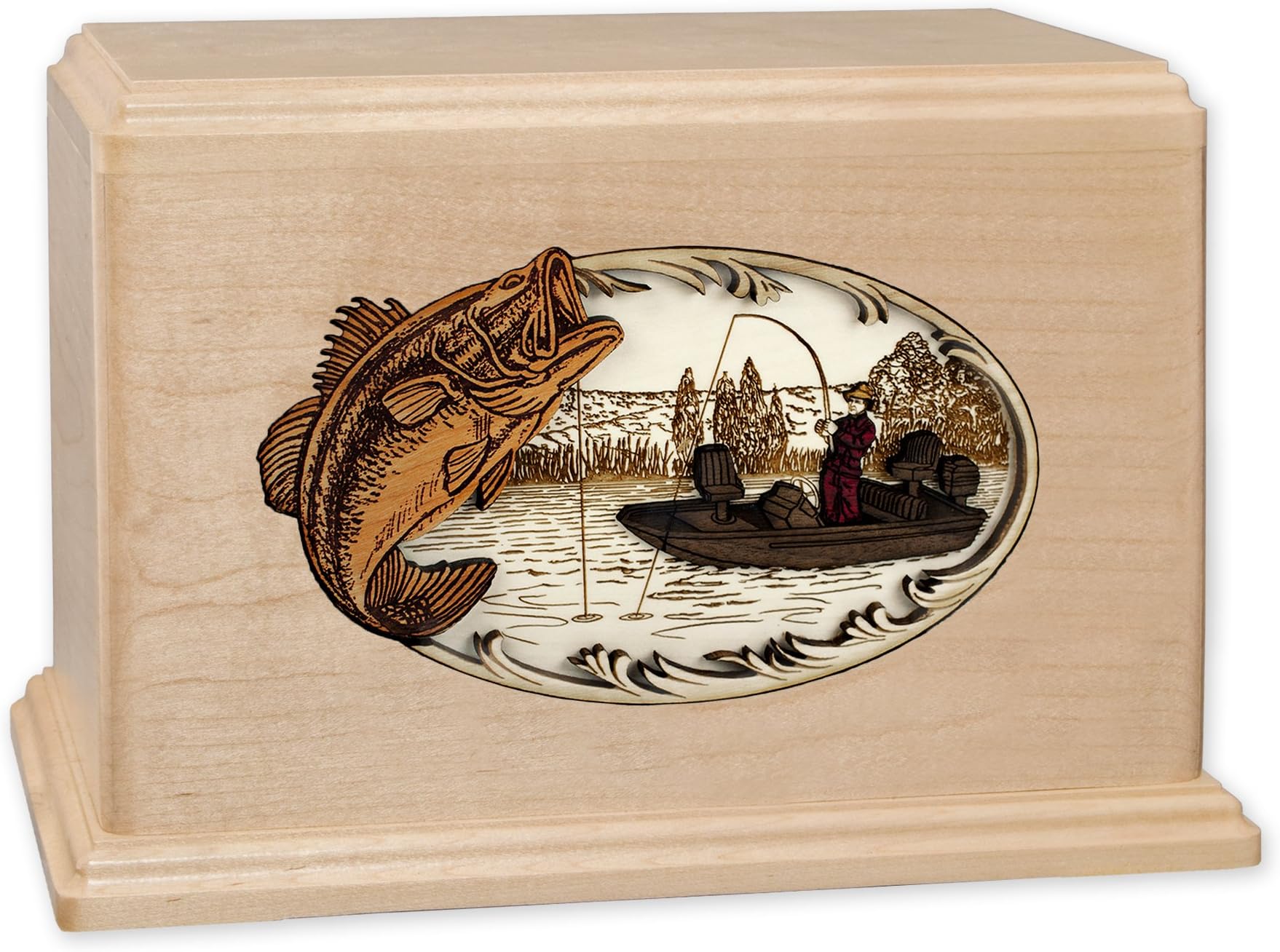 Companion Wood Cremation Urn with Bass Boat Fishing 3-Dimensional Inlay Wood Art Funeral Urn for Two Adults (Companion, Maple)