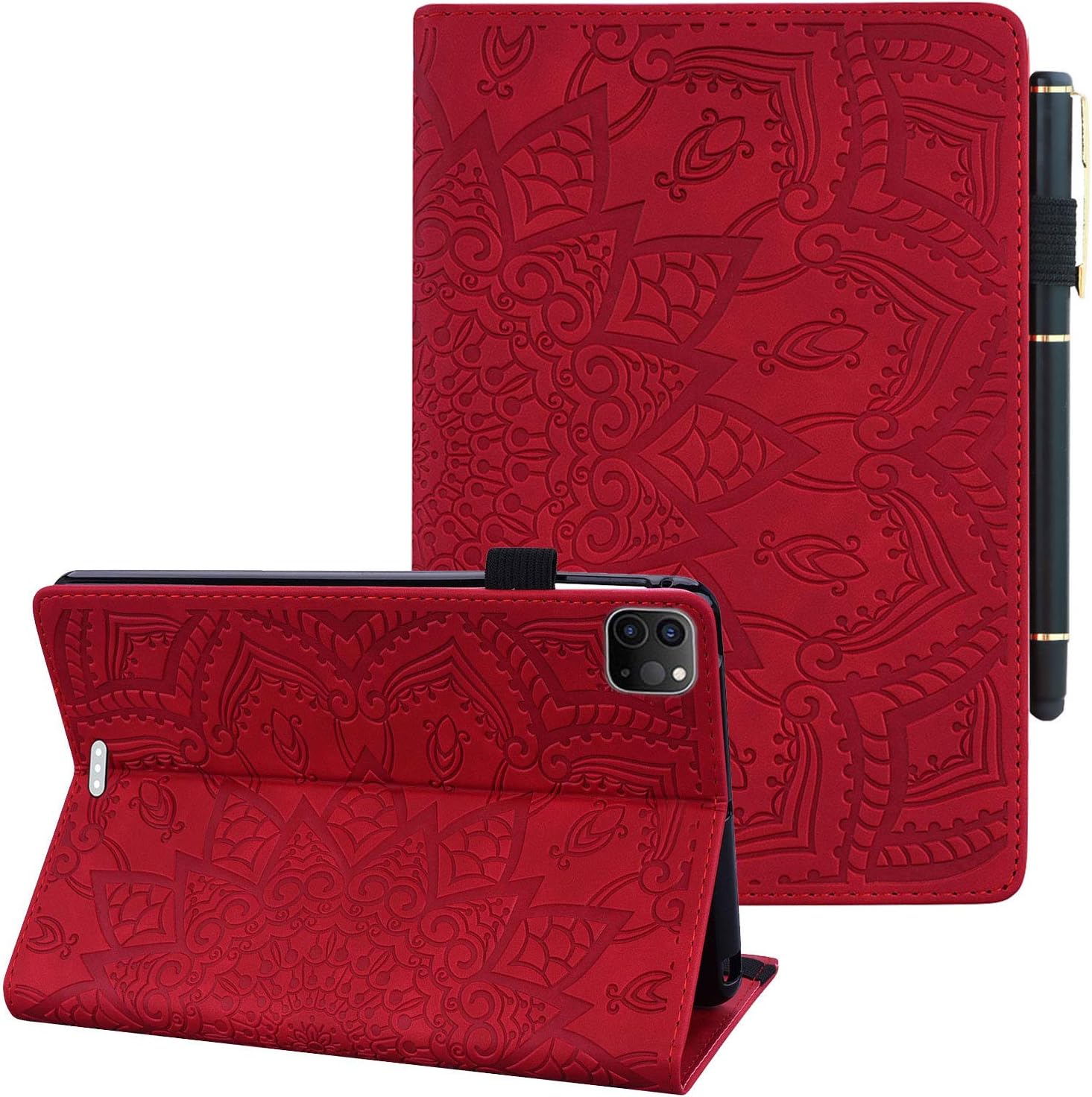 Coopts iPad Pro 12.9 2020 Case with Pencil Holder iPad Pro 12.9" 4th Gen Cover 2020, Premium PU Leather Anti-Scratch Multi-Angle Viewing Stand Mandala Shell for iPad Pro 12.9 4th Gen 2020, Red