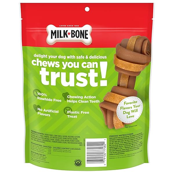 MILK-BONE CHEWS GNAWBONES RAWHIDE FREE DOG TREATS, PEANUT BUTTER & CHICKEN, 16 LONG LASTING MINI KNOTTED BONES