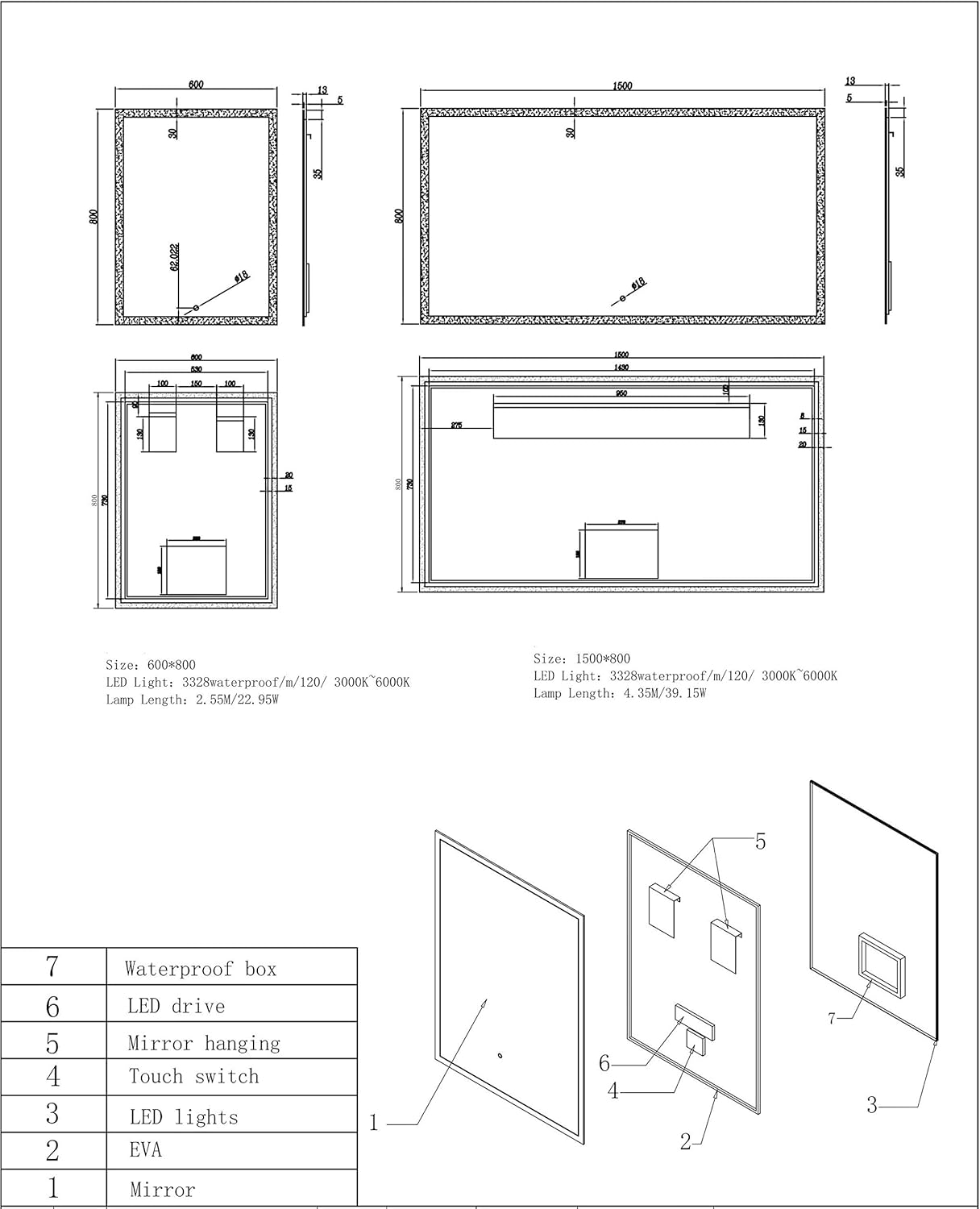 LED Backlit Illuminated Mirror 60 Wall Mounted For Bathroom Makeup