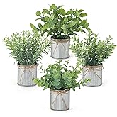 Mkono 4 Packs Small Fake Plants in Farmhouse Galvanized Pots Table Centerpiece Mini Potted Artificial Plants Faux Eucalyptus for Shelf Office Rustic Home Decor (Gray, Mini-6" H)