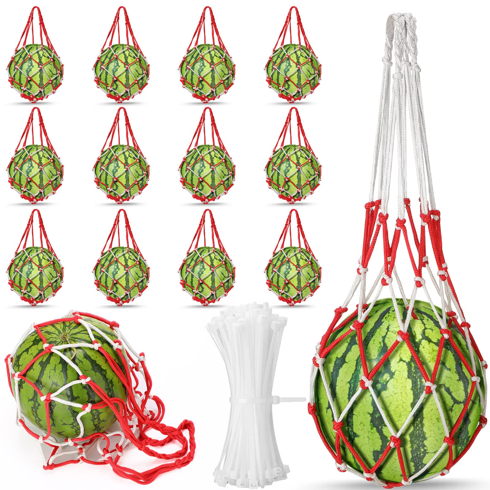 Photo 1 of Nuenen 12 Pcs Watermelon Net Melon Hammock Melon Cradle Plant and Garden Supports Pumpkin Support Hanging Bag Protects Watermelons, Honeydew, Squash, Cantaloupes (Red, White)