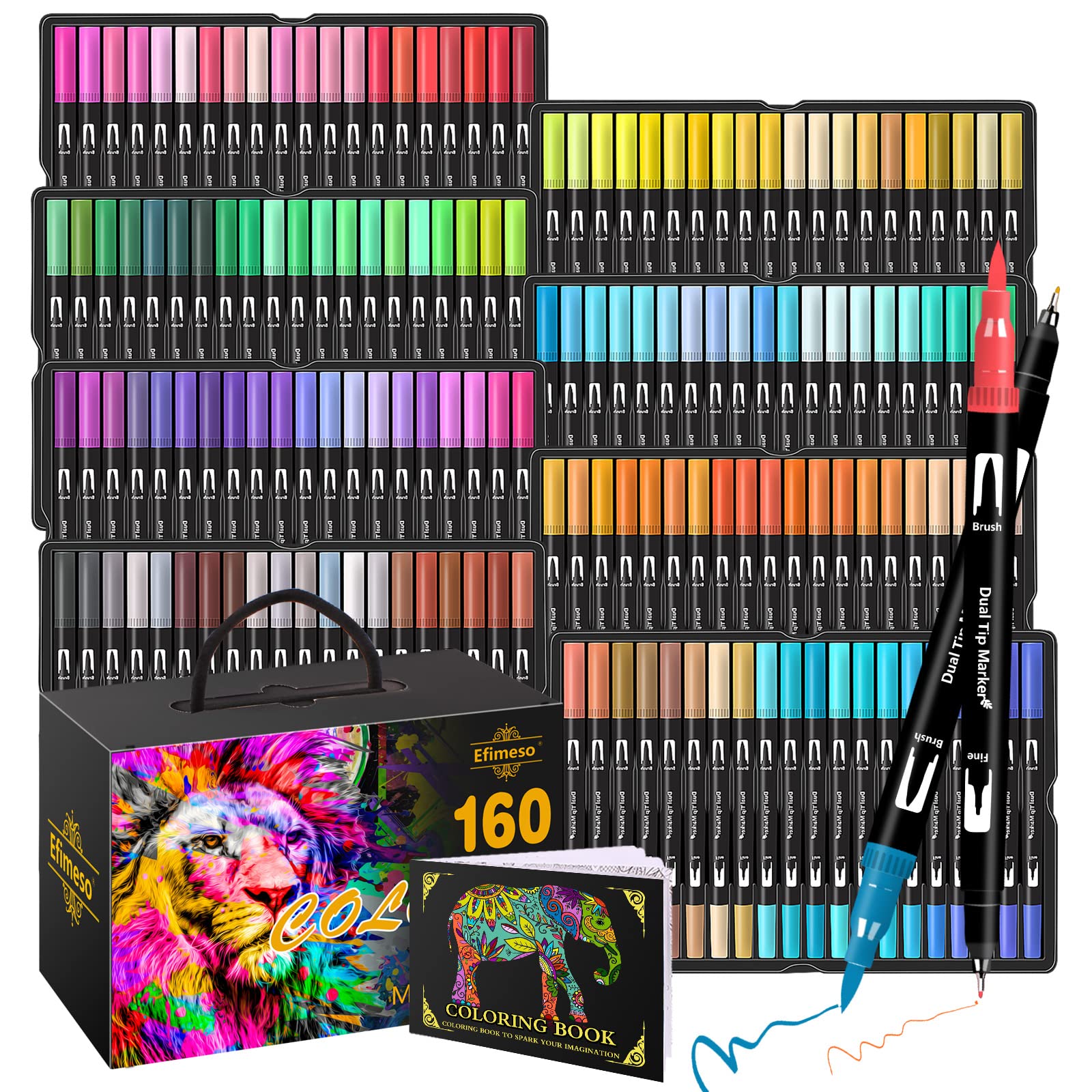 Efimeso 160 Colour Felt Brush Tip Pens, Dual Tip Brush Marker,Colouring Pens Fineliners Art Supplies for Drawing Sketching Colouring Book