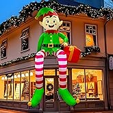 OurWarm 8 FT Elf Christmas Inflatables Outdoor Decoration, Large Christmas Blow Ups Built-in Blower and LED Lights, Xmas Decorations Sitting Elf with Gift Box for Yard Garden Roof Decor