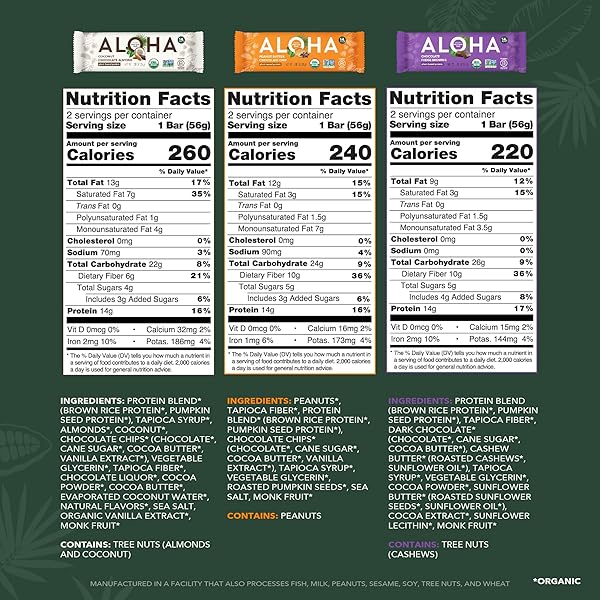 ALOHA ORGANIC PLANT BASED PROTEIN BARS – 6 FLAVOR VARIETY PACK – 12 COUNT, 1.9OZ BARS – VEGAN SNACKS, LOW SUGAR, GLUTEN-FREE, LOW CARB, PALEO, NON-GMO, STEVIA-FREE, NO SUGAR ALCOHOL SWEETENERS
