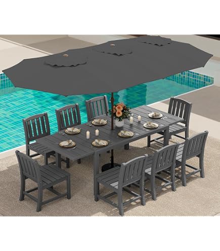 SERWALL 10-Piece Patio Dining Sets with 15FT Patio Umbrella, Grey | 60
