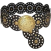 Buywis Wide Disc Belt for Women Boho Disk Concho Leather Belts Western Waist Belts for Dress