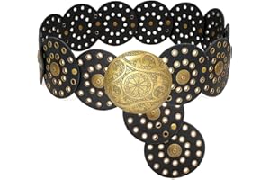 Buywis Wide Disc Belt for Women Boho Disk Concho Leather Belts Western Waist Belts for Dress