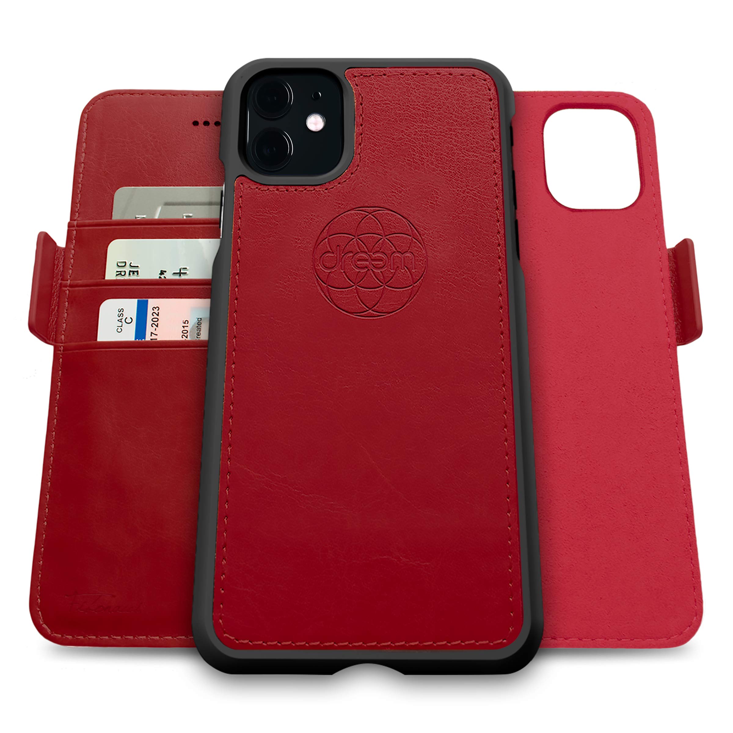 Dreem Fibonacci 2-in-1 Wallet Case for Apple iPhone 11 - Luxury Vegan Leather, Magnetic Detachable Shockproof Phone Case, RFID Card Protection, 2-Way Flip Stand - Red