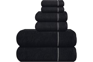 MyOwn Ultra Soft 6 Pack Cotton Towel Set, Contains 2 Bath Towels 28x55 inch, 2 Hand Towels 16x24 inch & 2 Wash Coths 12x12 inch, Ideal Everyday use, Compact & Lightweight - Black