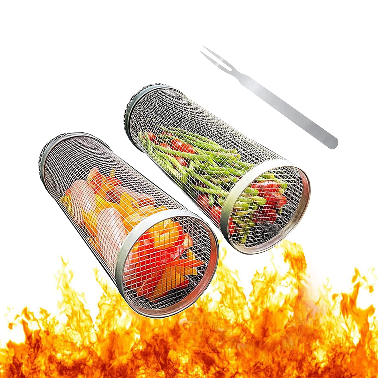 YumSur Rolling Grill Basket,Stainless Steel Wire Mesh Cylinder Grilling Basket, Portable Outdoor Camping Barbecue Rack for Vegetables,French Fries,Fish,Versatile Round Grill Cooking Accessories