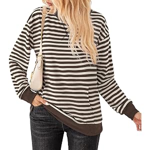AUSELILY Women Oversized Striped Hoodless Sweatshirt Pockets X Decoration | Trendy striped design, Crew neck, X decoration, K