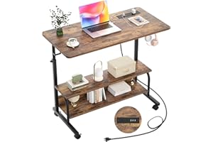 ARMOCITY Height Adjustable Standing Desk with Power Outlets, 32" Manual Stand Up Desk with Storage Shelves Small Mobile Rolling Computer Desk Portable Laptop Table with Wheels for Home Office, Rustic