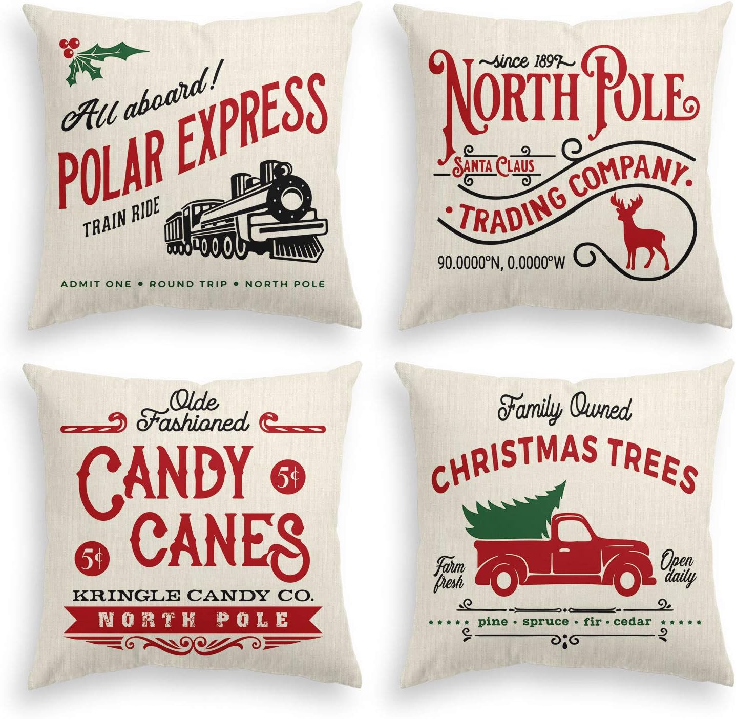 AVOIN Christmas Throw Pillow Cover, 16 x 16 Inch Winter Holiday Rustic Farmhouse Cushion Case for Sofa Couch Set of 4