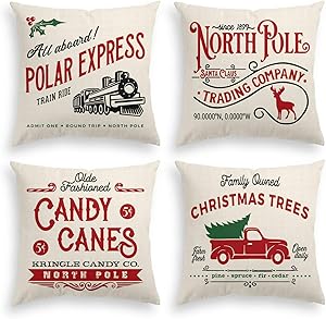 AVOIN Christmas Throw Pillow Cover, 16 x 16 Inch Winter Holiday Rustic Farmhouse Cushion Case for Sofa Couch Set of 4