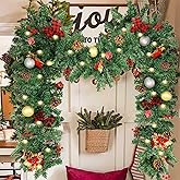 Christmas Garland with Lights, 9ft Pre-Lit Christmas Wreath with 50 Warm White Lights, 8 Lighting Modes, Artificial Pine Battery Operated Garland for Fireplace, Staircase, Indoor & Outdoor Decoration