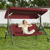 Oungelark 3-in-1 Outdoor Porch Swing with Stand (Red, Round Tube) | 3-Seater Patio Swing with Adjustable Canopy for Patio, Backyard, Garden