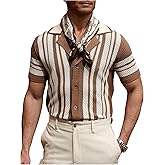 BEAUDRM Men's Striped Crochet Shirts Knit Hollow Out Button Down Shirts Vintage Short Sleeve Beach Vacation Casual Top