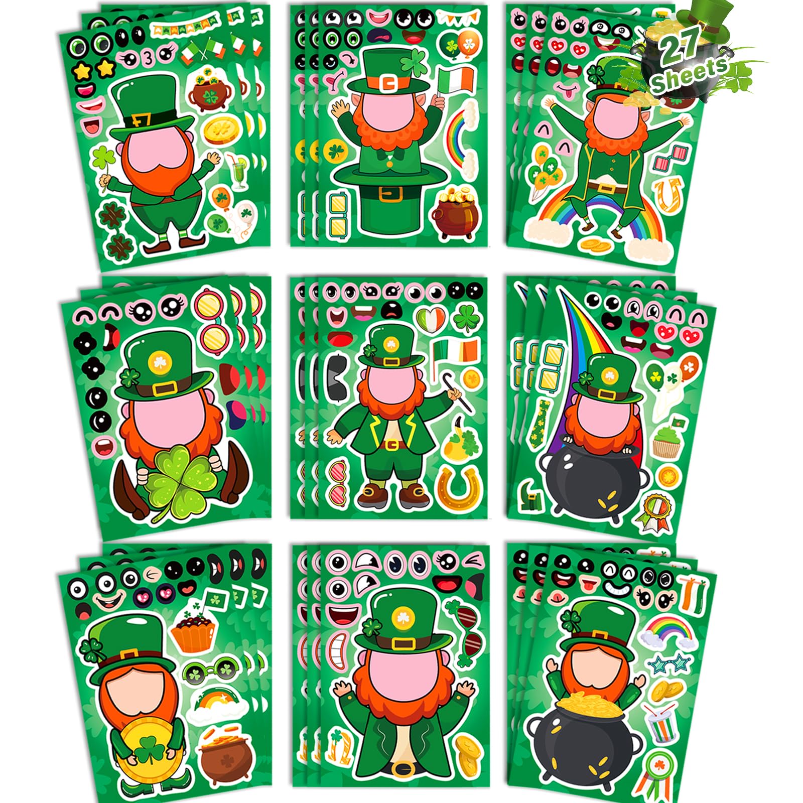 27 Sheets St Patricks Day Stickers for Kids - Leprechaun Make a Face & Shamrock & Four Leaf Clover Stickers for Irish Green Saint Patrick's Day, DIY Classroom Gifts Crafts Games Party Favors Supplies