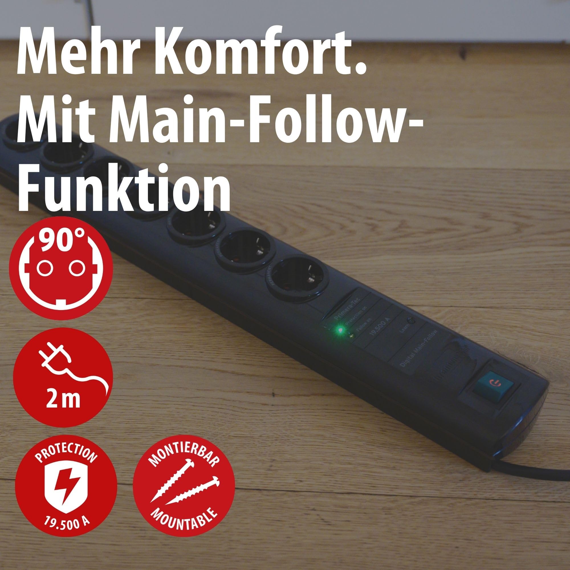 Brennenstuhl Primera-Tec Steckdosenleiste 7-Fach mit Überspannungsschutz 19.500A (Steckerleiste mit 2m Kabel, Schalter, Main Follow Funktion) schwarz 2