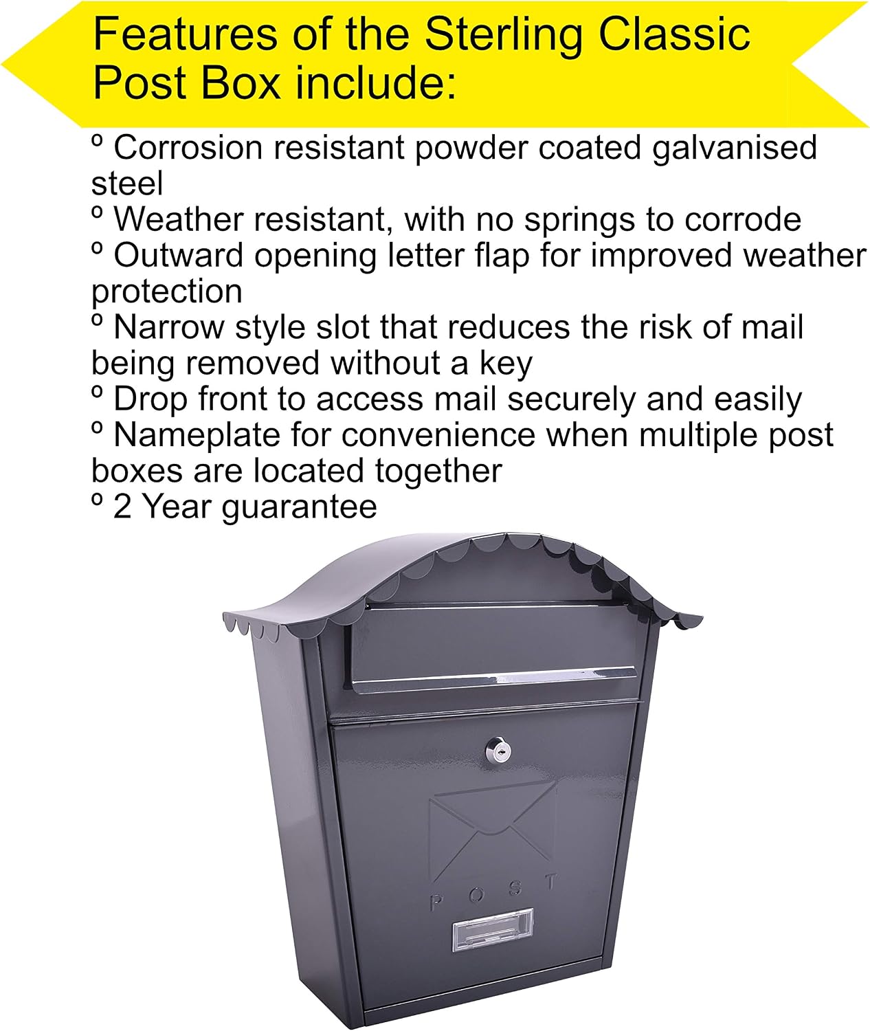 Burg-Wachter MB01A Anthracite Classic Wall Mounted Galvanised Steel Lockable Weatherproof Post Box - 36x37x13cm - Image 4