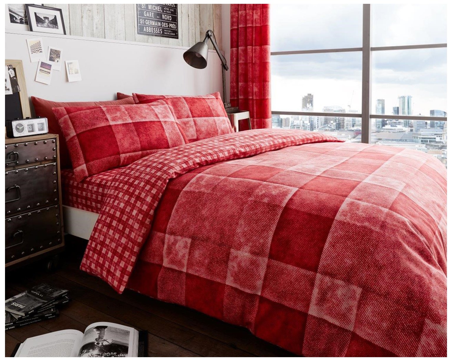 GC GAVENO CAVAILIA Gaveno Cavailia Denim Check Luxurious Bed Set with Duvet Cover and Pillow Cases, Polyester-Cotton, King-Red