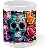 Day of the Dead Ceramic Coffee Mug 11oz Sugar Skull Mexican Holiday - Tea Coffee Mug with Comfortable Grip - Unique Fun Gift White Cup for Office or Home - Vibrant Long-Lasting Print ID44991