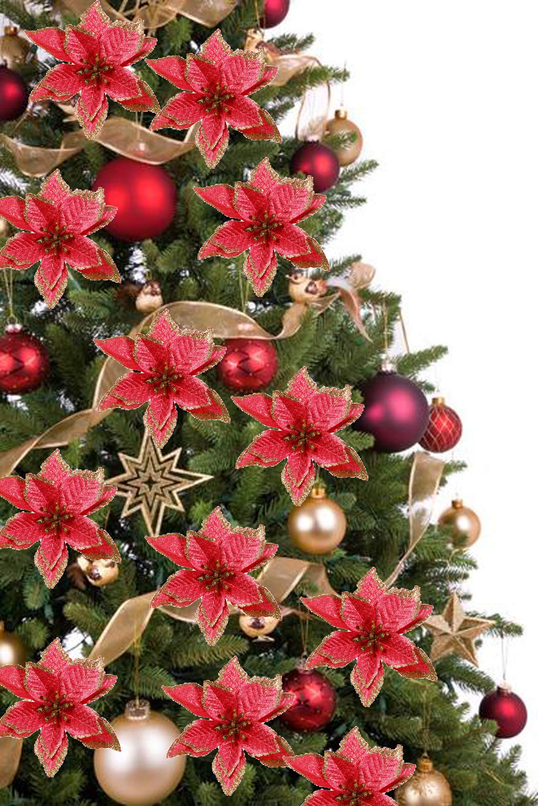 Outgeek Christmas Tree Ornament, 24Pcs 5.91\'\' Glitter Artificial Flowers Christmas Flowers for Wedding Party Christmas Decorations