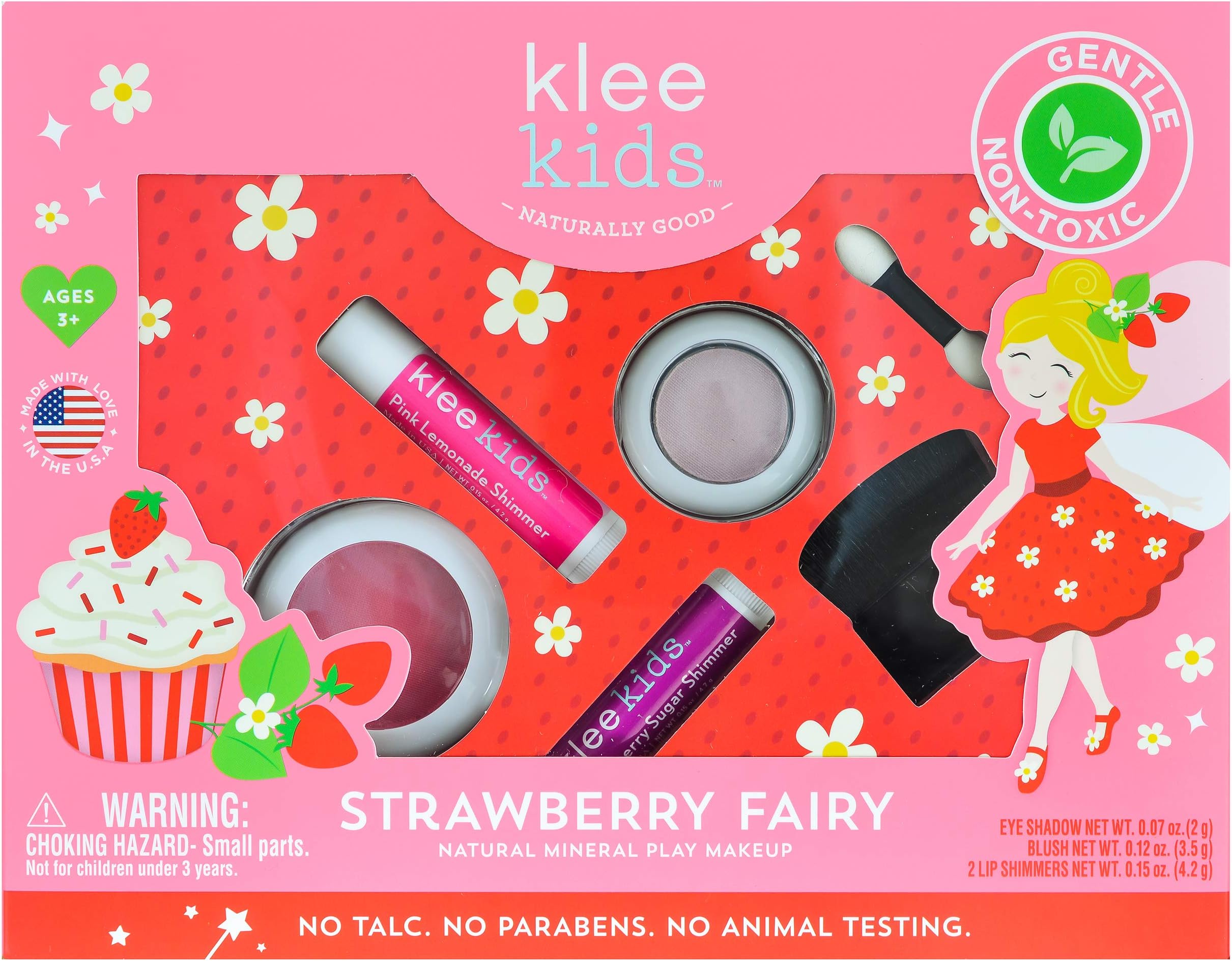 Strawberry Fairy - Klee Kids Natural Mineral Makeup 4 Piece Kit with Pressed Powder Compacts. Non-Toxic. Made in USA.
