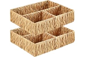 Vagusicc Wicker Divided Storage Basket, Hand-Woven Water Hyacinth Wicker Baskets, Basket for Drawer Organizing, 3 Section Rectangular Woven Storage Baskets, 2-Pack