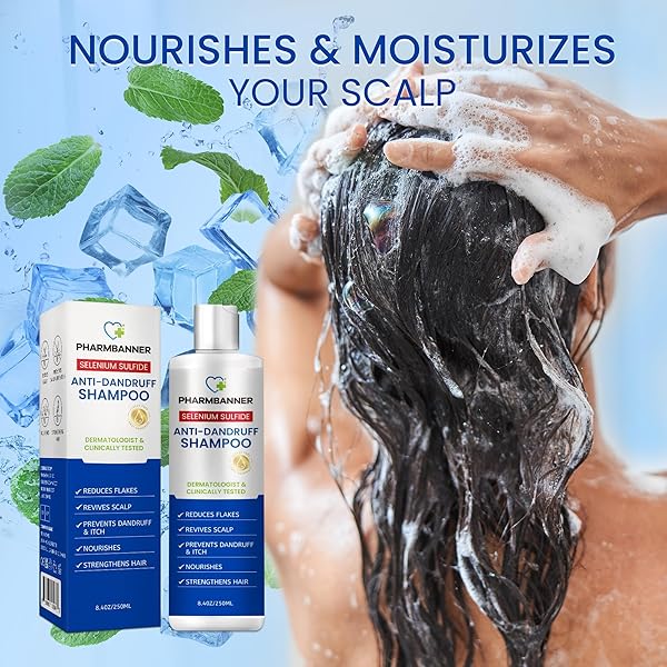 PHARMBANNER ANTI-DANDRUFF SHAMPOO WITH SELENIUM SULFIDE: FOR FLAKY SCALP, ITCHING & SEBORRHEIC DERMATITIS RELIEF – MENTHOL & LAVENDER OIL – MOISTURIZING, COLOR SAFE, GENTLE FOR ALL HAIR TYPES – 8.4OZ