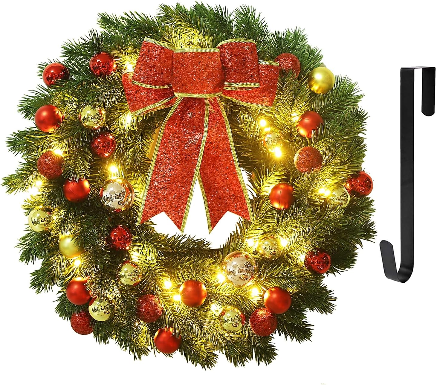Wreaths, Garlands & Swags - Juegoal 18 Inch Christmas Spruce Wreath with Colored Balls and Metal Hanger, Pre-Lit Battery Operated Warm White 47 LEDs Lights, Front Door Wreath X-max Decorations