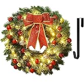 Juegoal 16 Inch Pre-Lit Christmas Wreath with Metal Hanger, Large Red Bow and Colored Balls, Battery Operated with Warm White 40 LEDs Lights, Front Door Spruce Lighted Wreath X-max Decorations