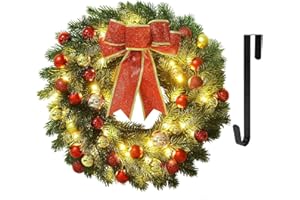 Juegoal 16 Inch Pre-Lit Christmas Wreath with Metal Hanger, Large Red Bow and Colored Balls, Battery Operated with Warm White 40 LEDs Lights, Front Door Spruce Lighted Wreath X-max Decorations