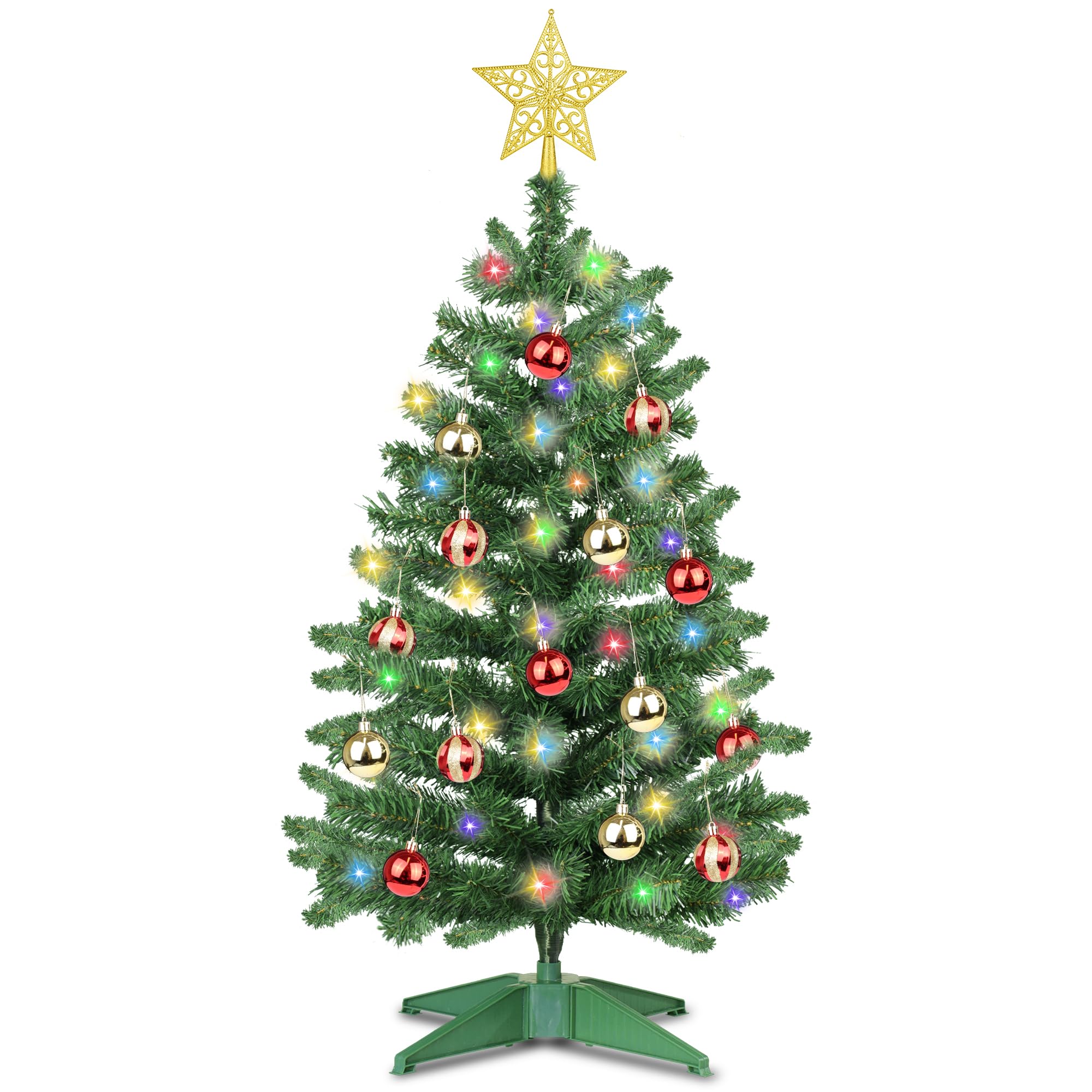 Photo 1 of 3 Ft Premium Green Christmas Tree Dual Color Change Timer 12 Modes DIY 50 Colored & Warm White Lights 15 Ball Ornaments Star Battery Operated Small Artificial Full Xmas Tree Table Indoor Holiday Decor