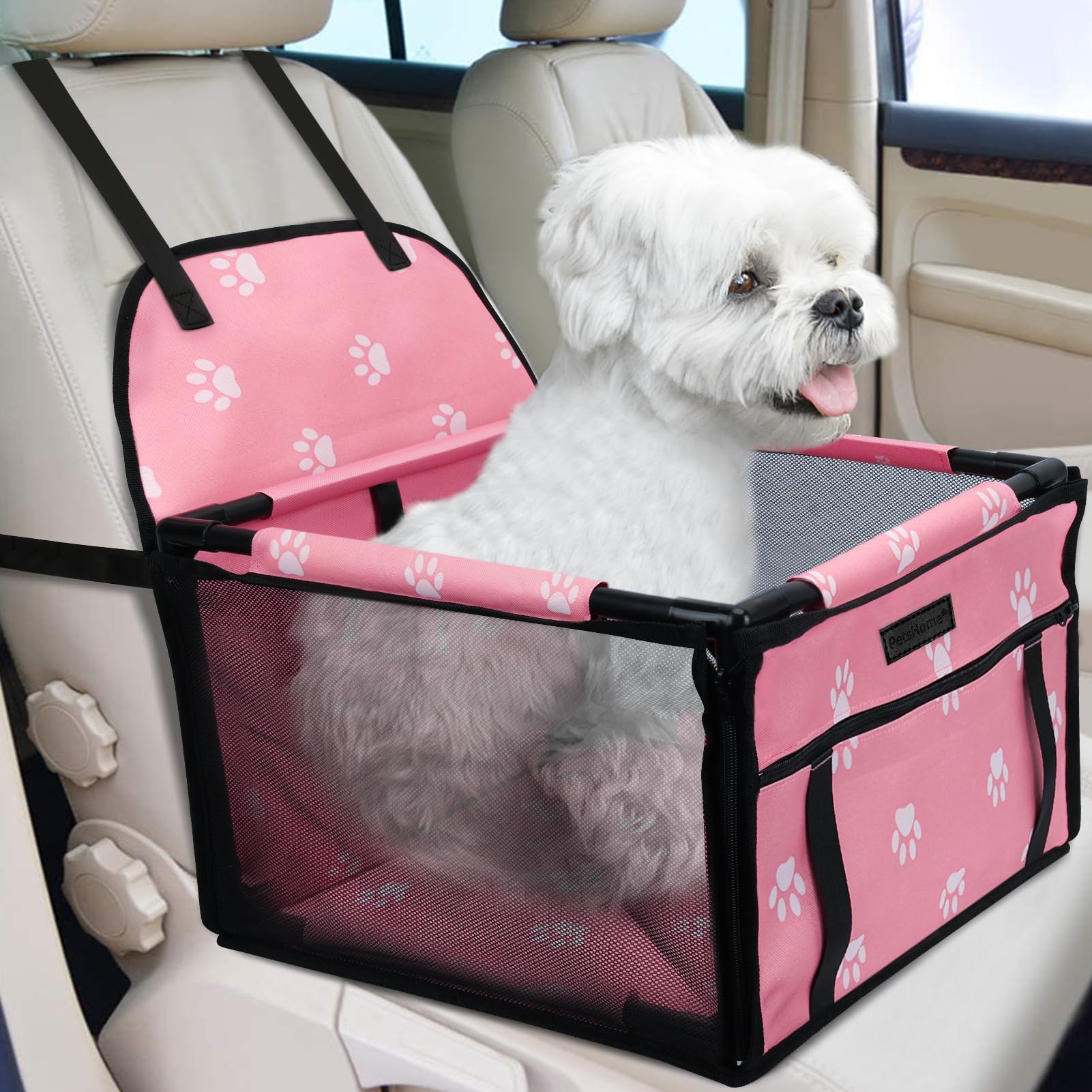 Photo 1 of PetsHome Dog Car Seat Foldable Dog Car Booster Seat Waterproof Breathable Oxford Travel Bag for Small to Medium Dogs, Puppies, and Pets-Footprint Pink-Upgrade
