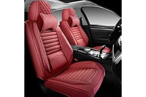 WENNFOUR Car Seat Covers Full Set, Universal Nappa Leather Seat Covers with Car Headrest Pillow for Most Vehicles SUV Pick-up Truck, Full Coverage Automotive Seats Protector Fit for 5 Seats-Wine Red